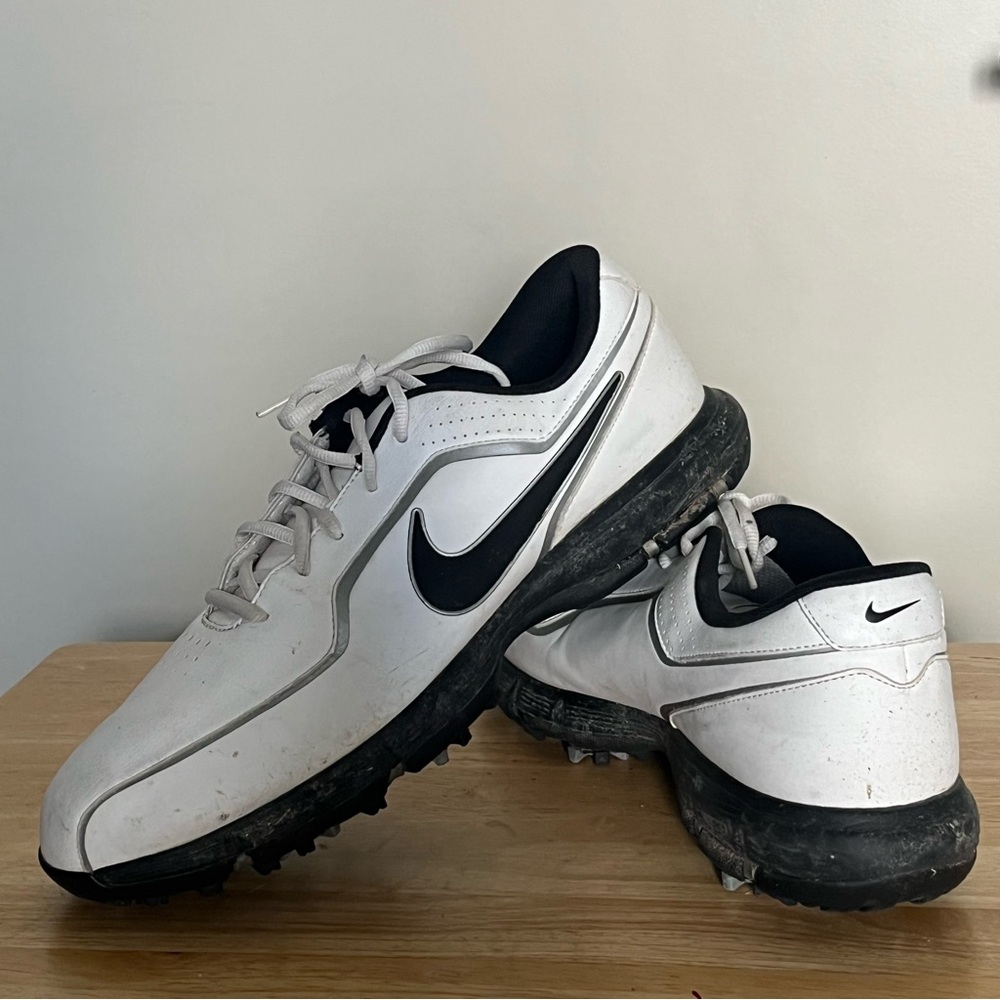 Nike Power Channel Tac Men's White Leather Black Logo Nike Golf Shoes Sz 12
